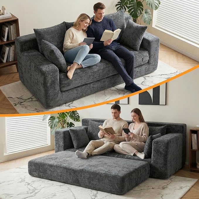 Boneless Couches 70", 3 Seater Boneless Couch with Pull Out Sofa Bed, Gray Boneless Couch with 5 Pillows, Plush Velvet Sofa for Living Room & Bedroom