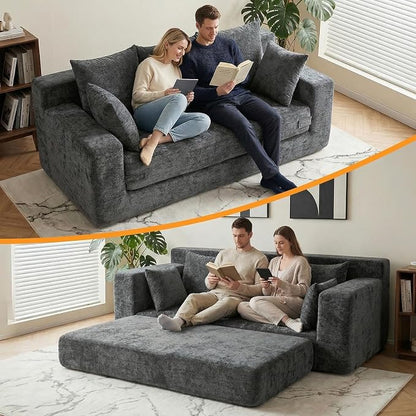 Boneless Couches 70", 3 Seater Boneless Couch with Pull Out Sofa Bed, Gray Boneless Couch with 5 Pillows, Plush Velvet Sofa for Living Room & Bedroom