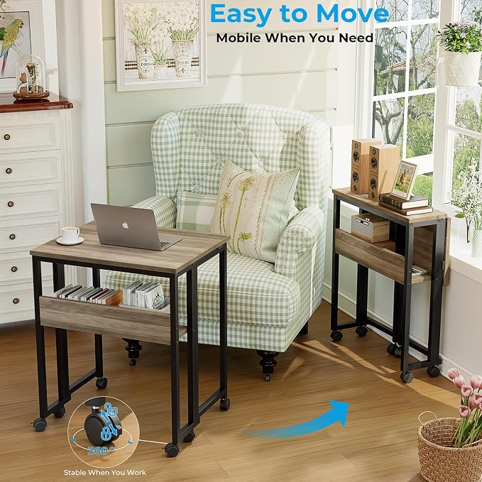 GreenForest Folding Desk with Wheels, 24.8 Inch Compact Rolling Computer Table with Storage Shelf, Portable Mobile Workstation for Small Spaces, Easy Assembly,Grey Wash