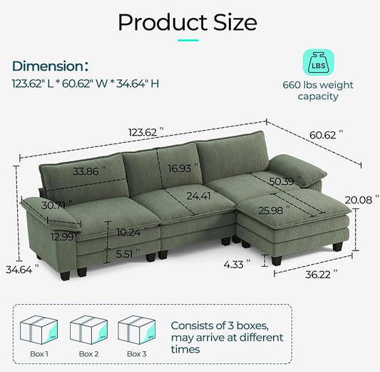 LINSY HOME 123'' Modular Sectional Sofa 3 Seat Couch Corduroy Cloud Couch with Deep Seat, Modern L-Shaped Cloud Couch with 1 Movable Ottoman for Living Room, Office, Bedroom, Green