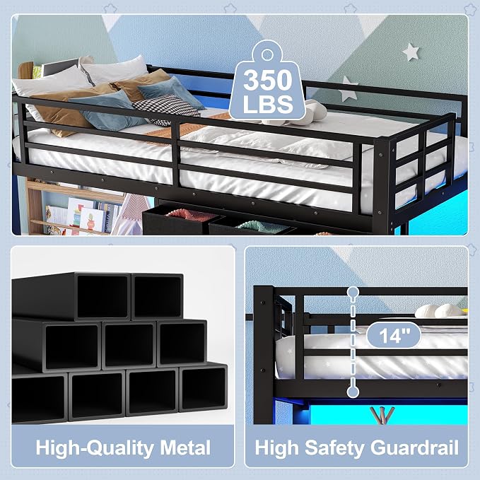 Bellemave Low Loft Bed Twin Size with Storage Stairs and Drawers, Metal Twin Loft Bed for Kids with LED Lights and Shelves, Low Profile Loft Bed Frame for Small Rooms, No Box Spring Needed, Black