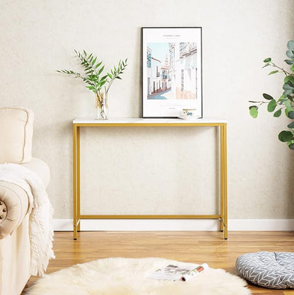 loglus Small Console Table for Entryway, Faux Marble MDF Sofa Table with Golden Frame, Single Layer, White Marble, 9.45" D x 38.19" W x 30" H