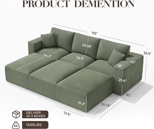 Modular Sectional Sofa Bed with Chaise, 115" Memory Foam Cloud Couch, Boneless Corduroy Upholstered Floor Couch, No Assembly Required Living Room Furniture for Apartment Home, Green