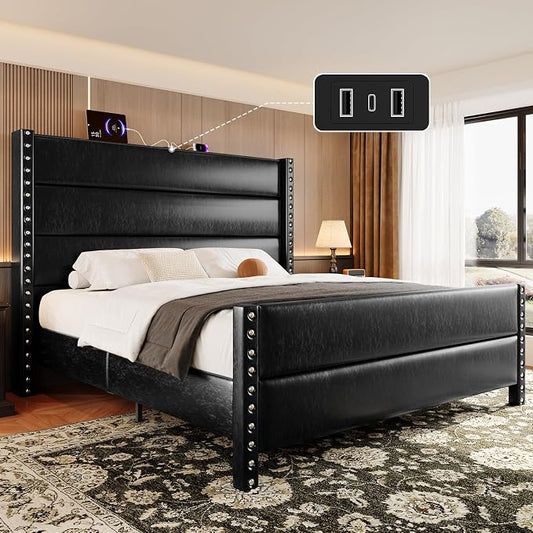Queen Bed Frame with Storage Shelf & Charging Station, 55" Tall Headboard & 25.6" Footboard, Faux Leather Upholstered Platform Bed with Big Rivets Wingback, Heavy Duty & Noise-Free, Black