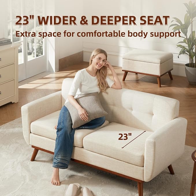 Kingfun 65.2" W Loveseat Sofa, Mid Century Modern Decor Love Seat Couches for Living Room, Button Tufted Upholstered Furniture, Easy to Install Small Couch for Bedroom Office Apartment, Cream White