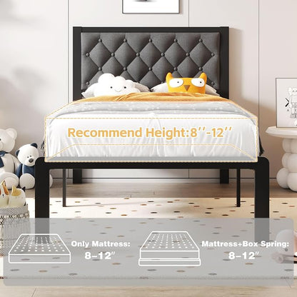 Fluest Twin Bed Frame with Headboard Linen Upholstered Bed Frame Platform,All Metal Slats Support Platform Bed Frame with Storage Space,Easy Assembly,Noise Free,No Box Spring Needed,Grey