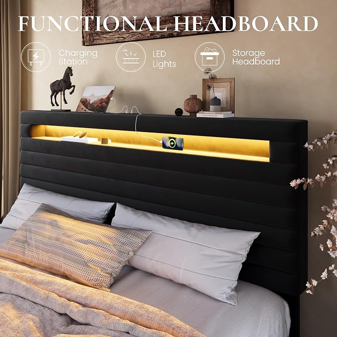 SHA CERLIN King Bed Frame with LED Light & 2-Tier Storage Shelf, Velvet Upholstered Adjustable Headboard with Charing Station, Horizontal Channel Tufted, No Box Spring Needed, Easy Assembly, Black