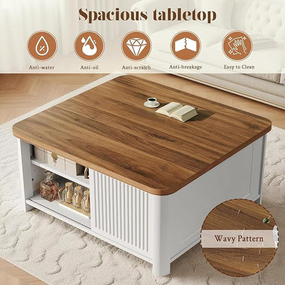 Decofy Lift Top Coffee Table with Storage Mid Century Modern Square Coffee Tables for Living Room, Large Hidden Storage Compartment, Adjustable Shelves & Sliding Door