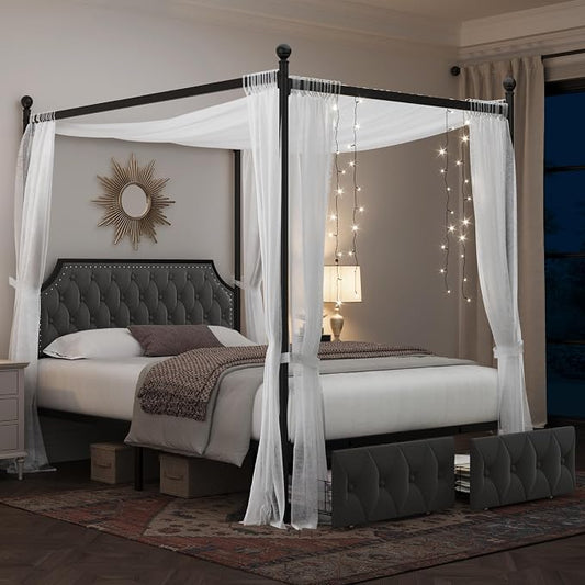 Keyluv Full Upholstered Canopy Bed Frame with 2 Storage Drawers & Button Tufted Headboard, Metal Platform Bed with 4 Removable Posts, Two-Purpose Velvet Bed, Dark Grey/Curtain Not Included
