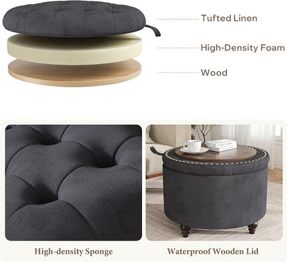 24 Inch Round Storage Ottoman,Modern Tufted Ottomans,Circular Coffee Table with Removable Top,Upholstered Large Ottoman with Storage Footrest Stool for Bedroom Living Room (Darkgrey)