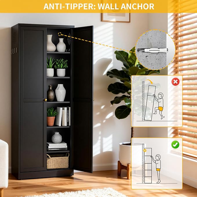 72" Metal Storage Cabinet, Large Capacity Pantry Cabinet with 6-Tier, Kitchen Storage Cabinet with 2 Doors and 5 Adjustable Shelves for Home, Kitchen, Dining, Living Room (Black)