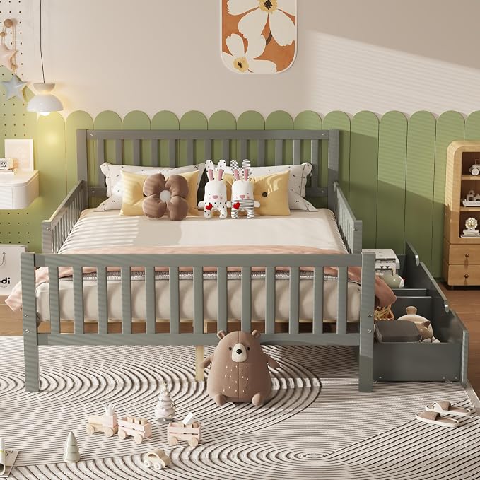 Bellemave Kids Full Bed Frame with Fences and 2 Drawers, Full Size Wooden Platform Bed with Guardrails on Both Sides for Boys Girls, Grey