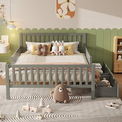 Bellemave Kids Full Bed Frame with Fences and 2 Drawers, Full Size Wooden Platform Bed with Guardrails on Both Sides for Boys Girls, Grey