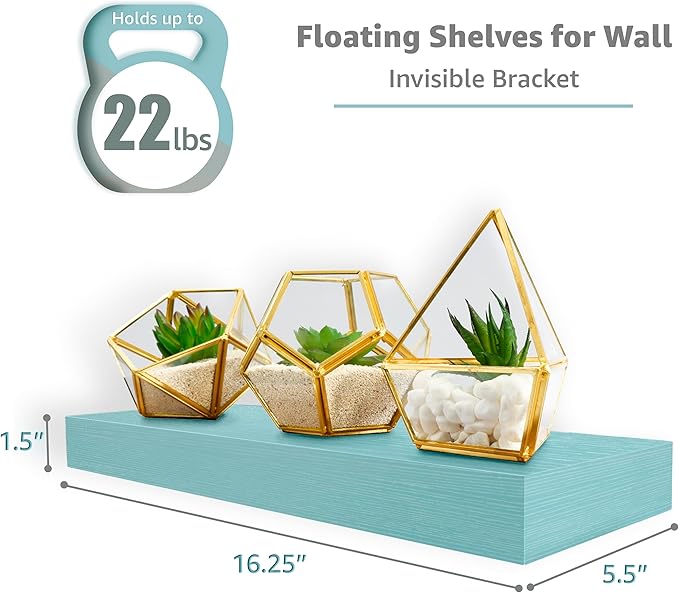 Sorbus Floating Shelves for Wall – 16 Inch Floating Shelf for Kitchen, Bedroom, Living Room, Bathroom, Home & Wall Decor - Mounted Bathroom Shelves with Invisible Brackets (Breezy Blue, 4 Pack)