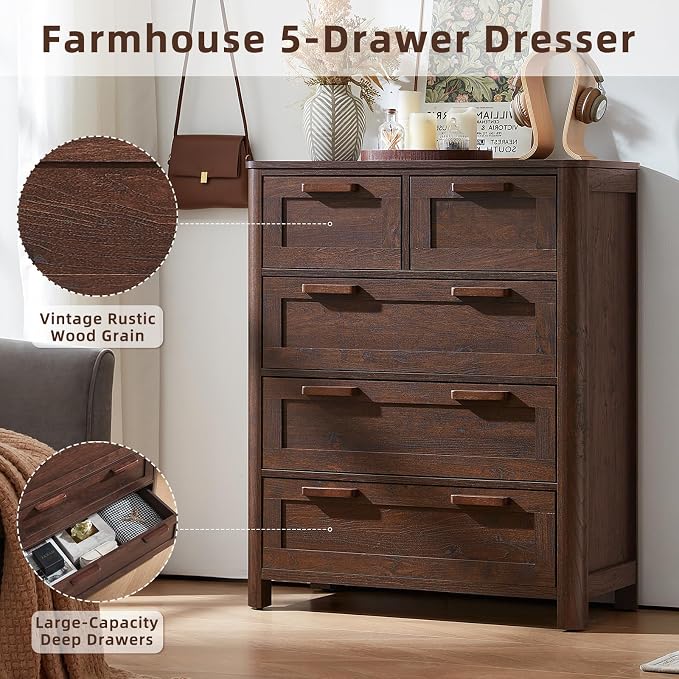 Joaxswe Farmhouse 5 Drawer Dresser for Bedroom, Vertical Dressers Chest of Drawers with 5 Deep Drawers & 4 Thickened Table Legs & Rounded Corners, Walnut