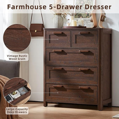 Joaxswe Farmhouse 5 Drawer Dresser for Bedroom, Vertical Dressers Chest of Drawers with 5 Deep Drawers & 4 Thickened Table Legs & Rounded Corners, Walnut