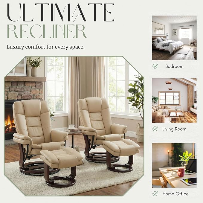 Argus Swivel Recliner with Ottoman, PU Leather & Wood Base Reclining Chair with Footrest, Ultra-Plush Double Foam for Living Room, Bedroom and Office, Set of 1
