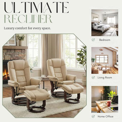 Argus Swivel Recliner with Ottoman, PU Leather & Wood Base Reclining Chair with Footrest, Ultra-Plush Double Foam for Living Room, Bedroom and Office, Set of 1