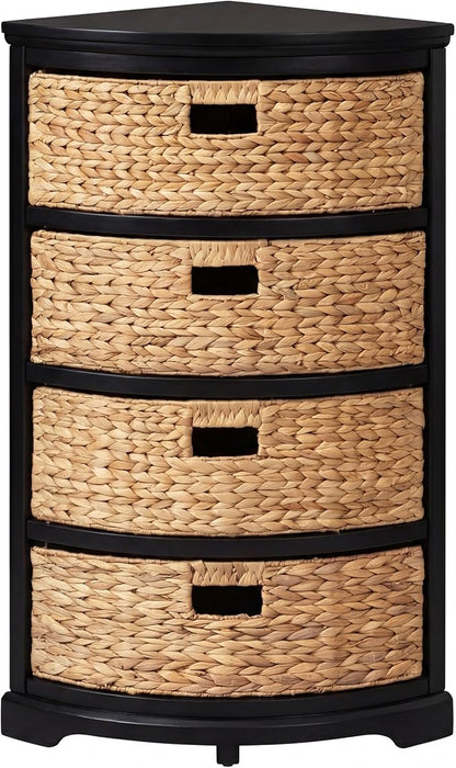 eHemco Hampton Meadows 4 Tier X-Side Corner Table Storage Cabinet with 4 Wicker Baskets, Black
