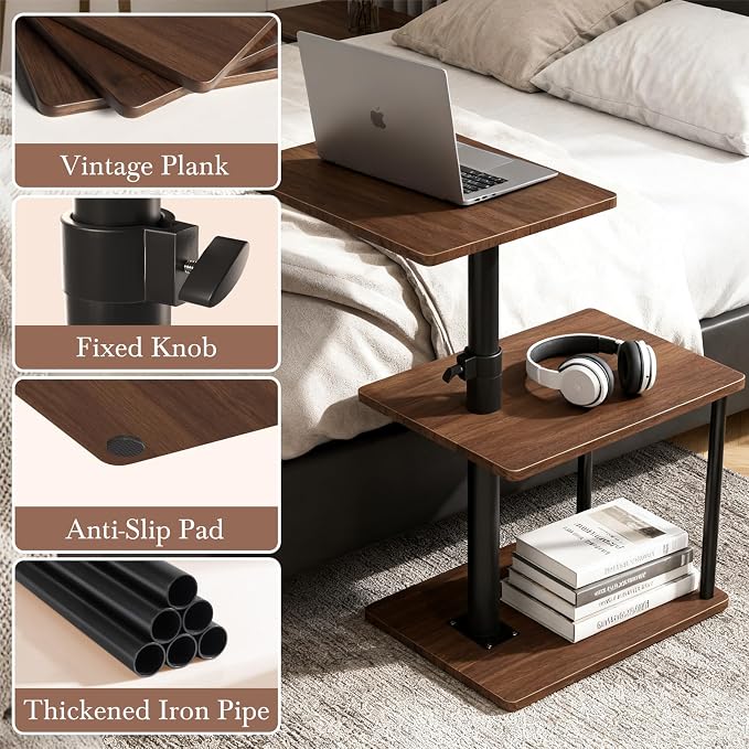 Faesun Swivel Side Table for Couch Arm, Height Adjustable C Shaped End Table for Recliner or Bed, Tv Trays with Storage Shelf for Small Spaces- Small Nightstand for Living Room, Bedroom