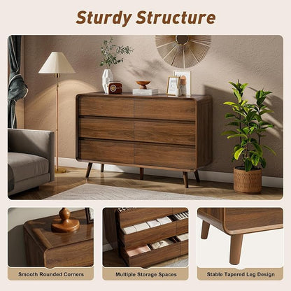 Nasonet 6 Drawer Dresser and 3 Drawers Nightstands Set with Charging Station, Wood Mid-Century Modern Dresser and Nightstand 3 Pieces for Bedroom, Living Room, Walnut