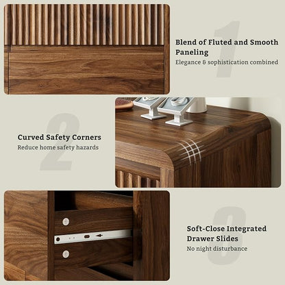 LYNSOM 6 Drawer Dresser for Bedroom, 50" Wide Fluted Dresser with Curved Corners, Wood Dressers & Chests of Drawers with Dual-Panel Design for Bedroom, Entryway, Walnut