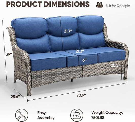 Luxury Patio Sofa 3-Seat Wicker Couch with 6" Thick Cushion - Outdoor Furniture Rattan Sofa with Deep Seating High Back Outdoor Sofa for Patio Garden Balcony Sunroom Backyard, Grey | Blue