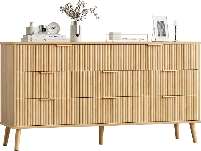 Fluted Dresser for Bedroom with 8 Drawers, Wooden Dresser with Metal Handle, Modern Storage Organizer for Bedroom, Wood Closet for Hallway, Living Room, Natural Oak BDR104Y