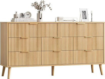 Fluted Dresser for Bedroom with 8 Drawers, Wooden Dresser with Metal Handle, Modern Storage Organizer for Bedroom, Wood Closet for Hallway, Living Room, Natural Oak BDR104Y
