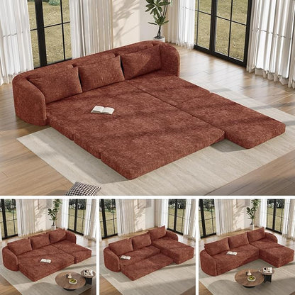 Vesgantti 110.2" Boneless Sectional Couch with Curved Armrest, 6 in 1 Convertible Folding Sleeper Sofa Bed, Chenille Modular Sofa for Living Room, No Assembly Required, Orange, Right Facing Chaise