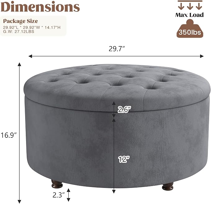 30 Inch Round Storage Ottoman,Modern Tufted Ottomans,Circular Coffee Table with Removable Top,Upholstered Large Ottoman with Storage Footrest Stool for Bedroom Living Room (Grey)