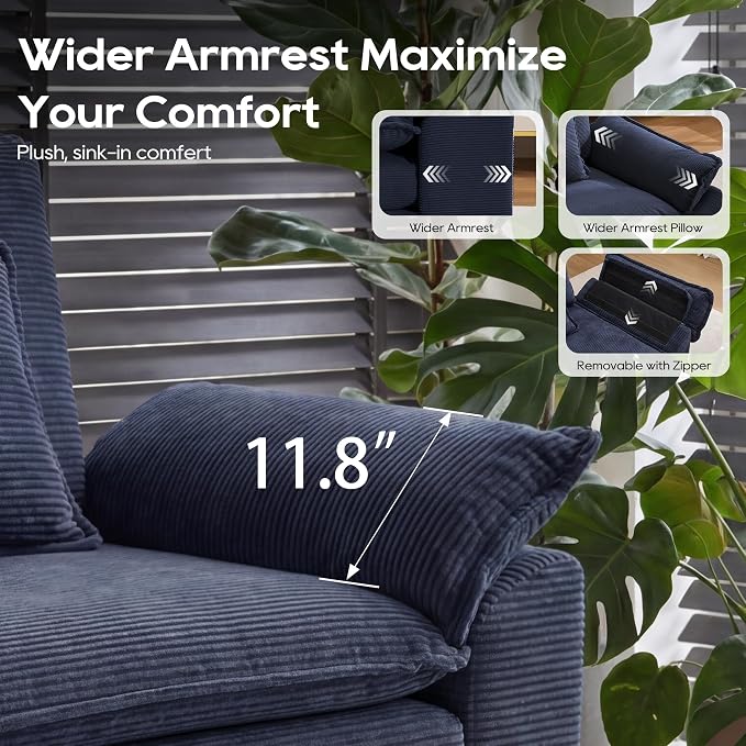 URRED Oversized Modular Sectional Sofa, 122" U Shaped Modern Comfy Cloud Couch with Movable Ottoman & Pillows, Deep Seat Couches for Living Room, Bedroom or Apartment (Corduroy Blue, 122" U Shaped)