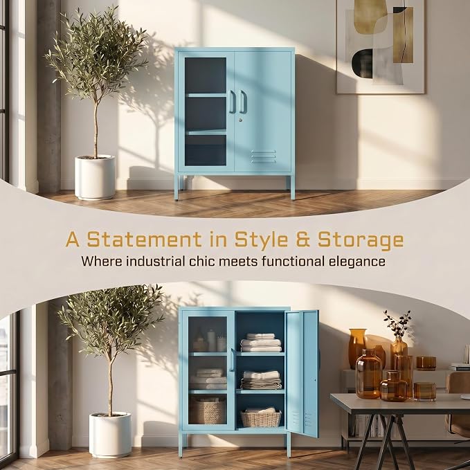 Metal Cabinet Metal Bathroom Storage Cabinet Metal Storage Cabinets with Glass Door and Adjustable Shelves Cabinet Storage for Coffee Bar for Homes, Living Rooms and Offices Blue 33''H