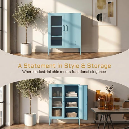 Metal Cabinet Metal Bathroom Storage Cabinet Metal Storage Cabinets with Glass Door and Adjustable Shelves Cabinet Storage for Coffee Bar for Homes, Living Rooms and Offices Blue 33''H