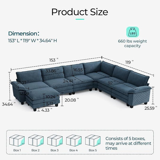 LINSY HOME Modular Sectional Sofa 6 Seat Couch Corduroy Cloud Couch with Deep Seat, Modern C-Shaped Cloud Couch for Living Room, Office, Bedroom, Blue