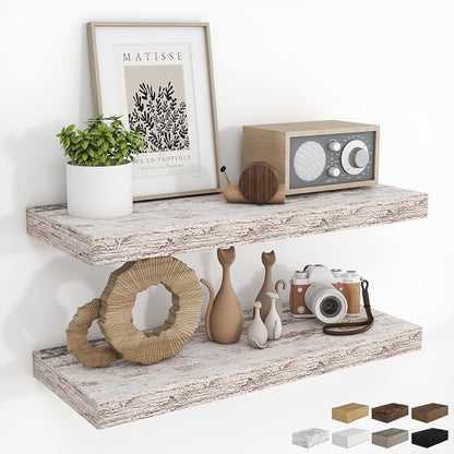 RICHFOCUS 28Inch Floating Shelves for Wall 2 Pack Shelves for Bedroom|Kitchen|Bathroom|Laundry Room Rustic Wood Wall Mounted Shelf with Invisible Brackets for Books|Storage|Decor, Rustic White