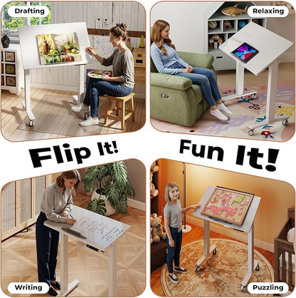 32" Glass Standing Desk,90°Tilt Whiteboard Electric Drafting Table | White Foldable One-piece Electric Height Adjustable Drawing Table with 4 Lockable Wheels, Small Portable Rising Workstation