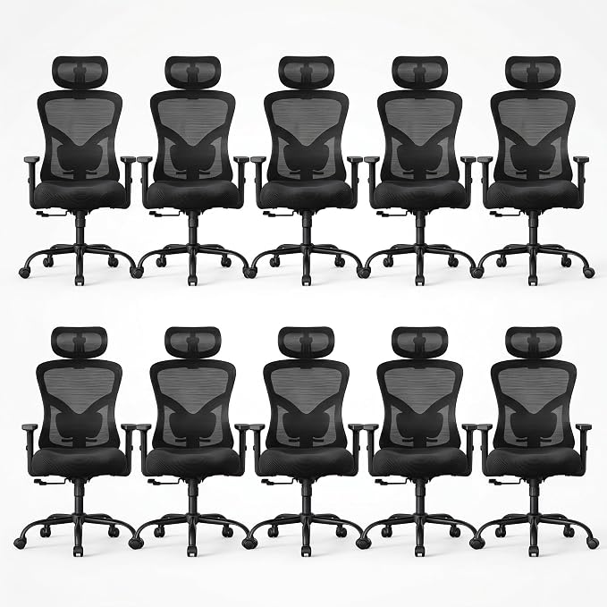 NOBLEWELL Ergonomic Office Chair with Padded Lumbar Support, 2D Headrest, Adjustable Armrests, Upgraded Contoured Seat Cushion, 130° Rocking Tilt, Computer Gaming Chair for Home Office, Pack of 10