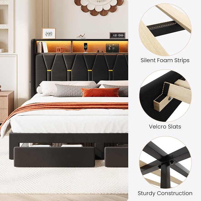 SHA CERLIN Velvet King Platform Bed Frame with 2 Storage Drawers, LED Storage Headboard with Charging Station, Wingback Upholstered, Noise Free, No Box Spring Needed, Easy Assembly, Black
