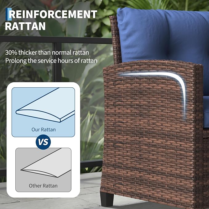 GarveeLife 3 Pieces Patio Furniture Set, PE Rattan Patio Conversation Set with Tempered Glass Tabletop, Outdoor Wicker Chairs and Table Set for Patio Balcony Garden, Brown & Blue