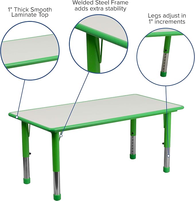 EMMA + OLIVER Adjustable Kids Activity Table for Home Use, Height-Adjustable Classroom Table for Kids, 23.625" W x 47.25" D x 14.5-23.5" H, Green