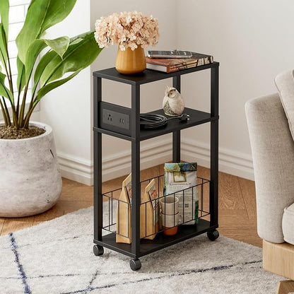 DGSANDGO Black Narrow Rolling Side Table with Charging Station (Outlets/USB Ports) & Storage Basket - Small Space End Table for Living Room Bedroom Office (Black)