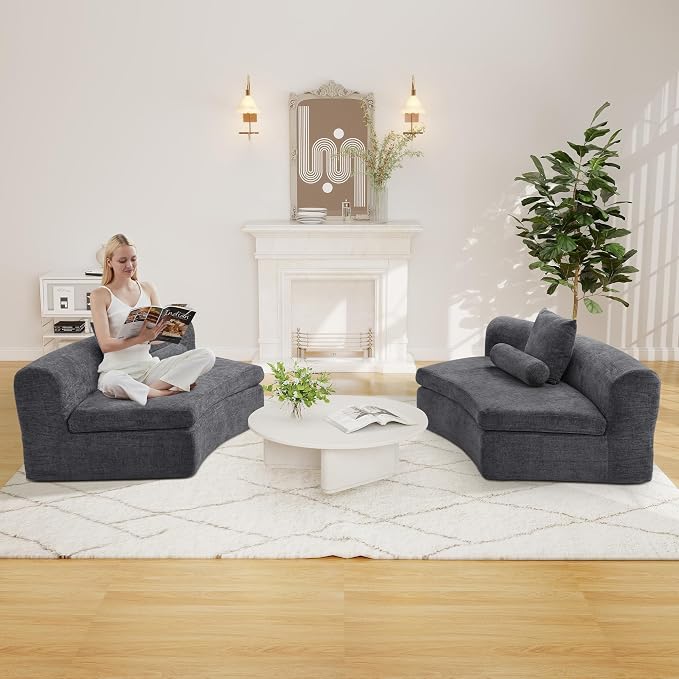 AVZEAR Curved Modular Sectional Sofa, Chenille Upholstered Cloud 1 Seater Couch for Living Room, No Assembly Modern Love Seat Sofa with 1 Bolster Pillows & 1 Square Pillows, High-Density Foam, Gray