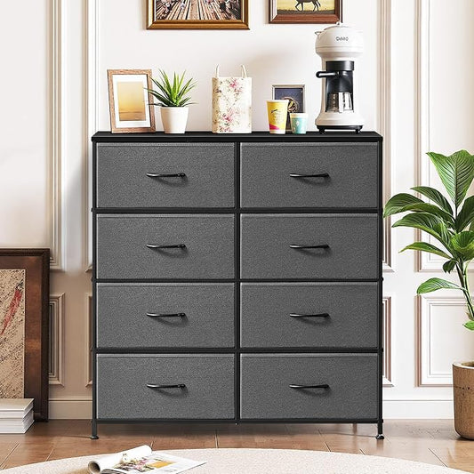 8-Drawer Dresser for Bedroom, Anti-Tip Tall Storage Organizer Chest of Drawers with Wooden Top and Metal Frame Fabric Bins for Closet, Living Room, Hallway, Entryway, Gray