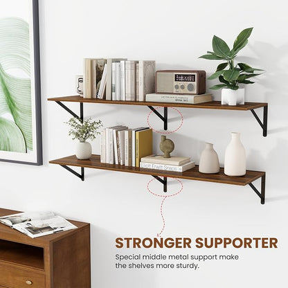 Heimlove 12 Inch Deep Floating Shelves for Wall, 44W x 12D Wood Wall Shelves Set of 2, Walnut Wide Floating Bookshelf for Living Room, Kitchen, Office, Bedroom, with Black Metal Bracke - Walnut