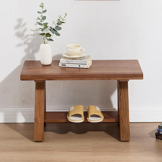Solid Wood Entryway Bench, 30" Rustic Small Storage Bench 2-Tier Farmhouse Wooden Bench with Shelf Narrow Bench Seat Indoor for Entryway, Living Room, Dining Room, Hallway, Walnut