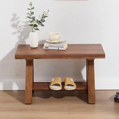 Solid Wood Entryway Bench, 30" Rustic Small Storage Bench 2-Tier Farmhouse Wooden Bench with Shelf Narrow Bench Seat Indoor for Entryway, Living Room, Dining Room, Hallway, Walnut