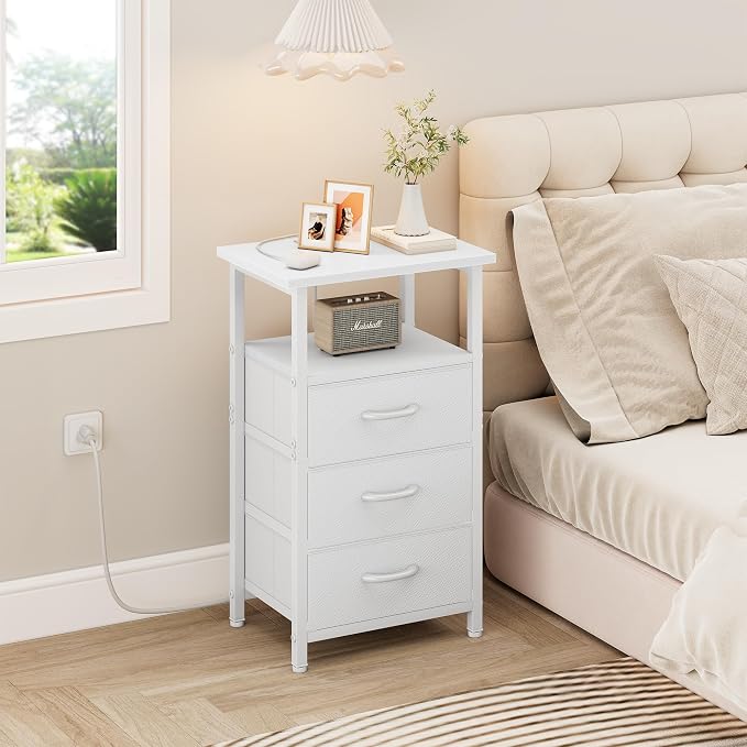 Vagusicc Nightstand with Charging Station, White Bedside Table with USB Ports and Outlet, End Table Side Table with 3 Fabric Drawers and Storage Shelf, Bed Side Table Night Stand for Bedroom, White