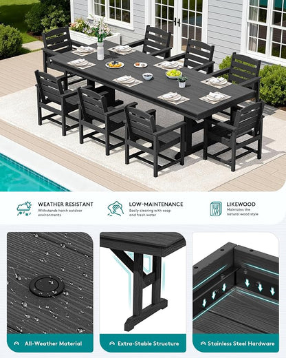 SERWALL 9 Piece 84" HDPE Outdoor Dining Set for 8 with Armchairs and Umbrella Hole, Black
