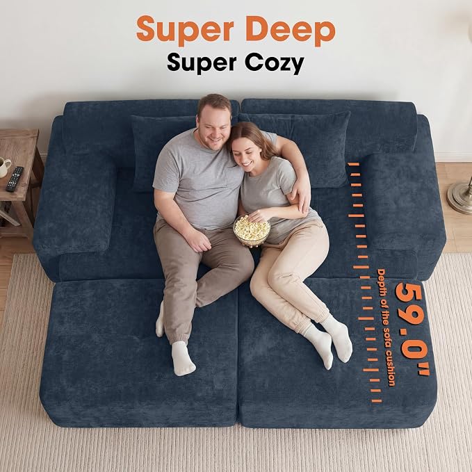 83.5" Boneless Loveseat with 2 Ottoman, Cloud Comfy Sofa Bed, Modular Sofa for Living Room, Apartment, Bedroom, Hotel, No Assembly Required (Blue)
